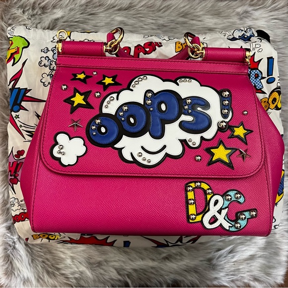 DOLCE & GABBANA Dauphine Oops Patch Medium Miss Sicily Satchel Rosa Geranio EUC - Picture 3 of 13